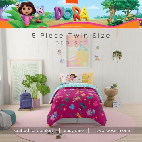Dora The Explorer Kids Bedding Set Super Soft & Cozy Reversible Microfiber Comforter and Sheet Set with Sham, 5 Piece Twin Size, (Officially Licensed Product) By Franco - Image 4