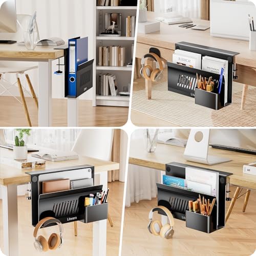 Litwaro Desk Side Storage, No Drill Laptop Holder with Magnetic Pen Holder, Clamp on Laptop Mount with Sticky Headphone Stand, Hanging Organizer for Office, Fits Flat Table Edge 0.4" to 2" (Black) - Image 7