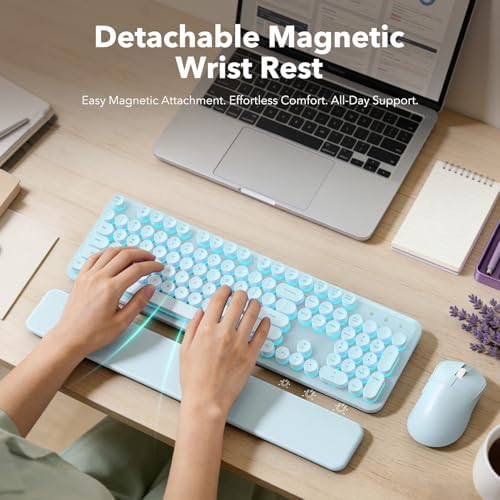 Wireless Keyboard and Mouse Combo, Backlit Round Keycaps, Retro Typewriter Keyboard with Detachable Wrist Rest, Rechargeable & Tilt Legs, 2.4GHz Cordless Connection for Windows/PC (Glowing Blue) - Image 3