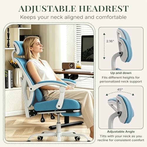 Ergonomic Office Chair with Footrest, Computer Gaming Chair | Adjustable Headrest, Lumbar Support, Swivel Reclining, Padded Armrest, Mesh High Back, Home Desk Work Study, Blue - Image 6