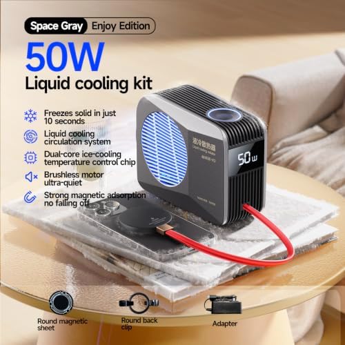 50W Magnetic Liquid-Cooled Phone Cooler for Gaming Live Streaming, 2.1M Extra Long Red Cable, 31dB Low Noise RGB Radiator for MagSafe iPhone Android iPad Tablet, Gray - Image 3