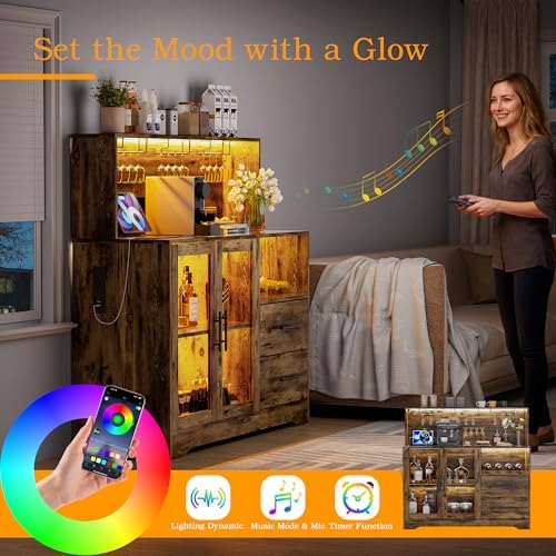 Home Bar Cabinet with Adjustable RGB LED Light, Wine & Coffee Storage with Rack & Drawers, Charging Station, Modern Liquor Cabinet for Living & Dining Room, All-in-One Wine Bar Cabinet (Rustic) - Image 4