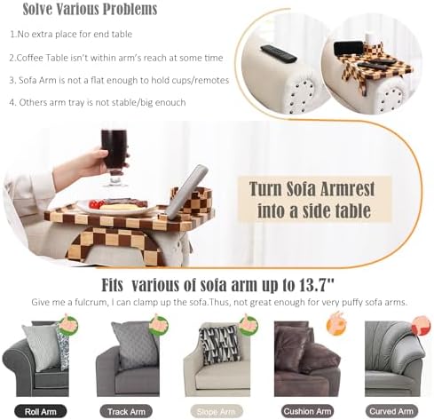 Nnewvante Checkerboard Couch Armrest Table, 3 in 1 Clip-on Table Rubberwood - Image 4