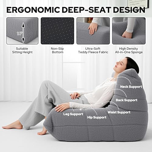HABUTWAY Bean Bag Chairs Fireside Lazy Floor Sofa,Single,Light Grey | Soft Teddy Fleece Bean Bag Sofa with High-Resilience Foam Filling，Beanbag for Living Room, Bedroom, Office - Image 3
