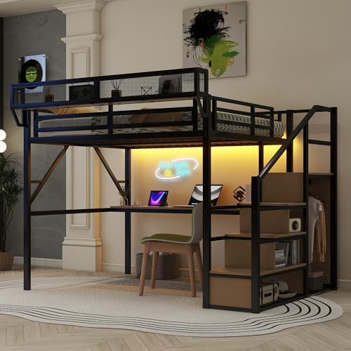 KEIKI Queen Size Metal Loft Bed Frame with Desk, Staircase, Built-in Storage Shelves and Wardrobe, Modern Loft Bed with Solid Slat, Guardrail, No Box Spring Required, Easy Assembly, for Bedroom, Black - Image 4