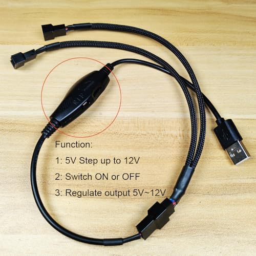 Gebildet 12V Voltage Step-Up USB to 3-Pin and 4-Pin PC Fan Sleeved Power Adapter Cable+Splitter Cable 1 to 2 with Switch and Speed Regulator - Image 2