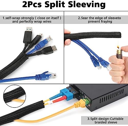Cable Management Organizer Kit 2 Cable Sleeve Split with 41Self Adhesive Cable Clips Holder, 10pcs and 2 Roll Self Adhesive tie and 100 Fastening Cable Ties for TV Office Home Electronics etc - Image 2