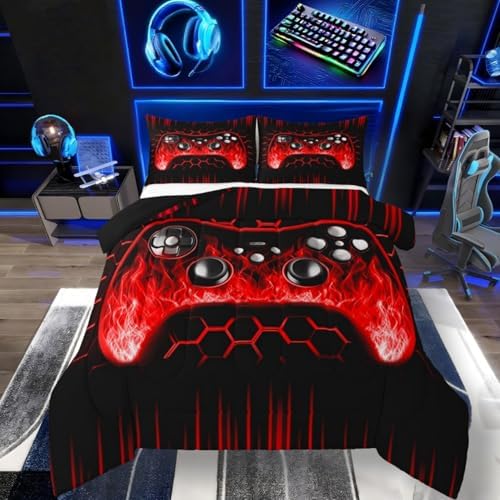 Erosebridal Ombre Art Honeycomb Game Consoles Comforter Set Red Neon Lights Gaming King Bedding Set Geometric Hexagon Beehive Duvet Set Gamer Room Decor for Boys by Erosebridal