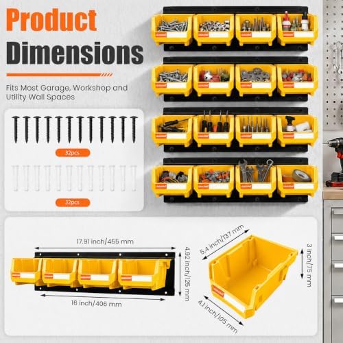 16pc Wall-Mounted Storage Organizer Set with Metal Rails Yellow - Image 2