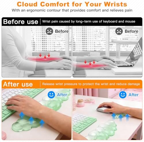 Cloud Keyboard and Mouse Wrist Rest Set, Clear Gel Keyboard Mouse Wrist Rest Support Pad for Typing Pain Relief, Cute Aesthetic Desk Decor Accessory for Home Office Dorm (Green) - Image 2