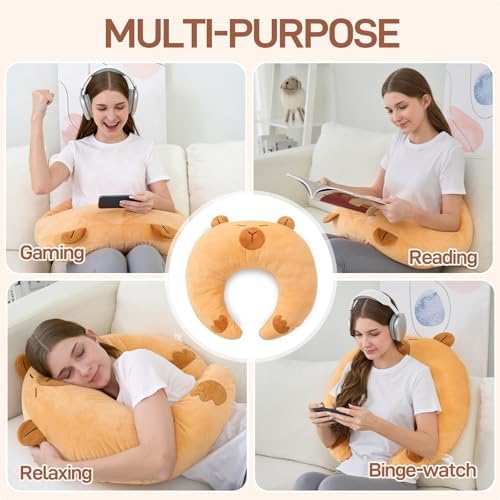 Cute Brown Gaming Pillow for Lap - Plush Reading & Crocheting Pillow for Sitting in Bed, Soft Arm Support Cushion for Tablet/iPad Accessories, Kawaii Room Decor Gift Gamers & Capybara Lovers - Image 4