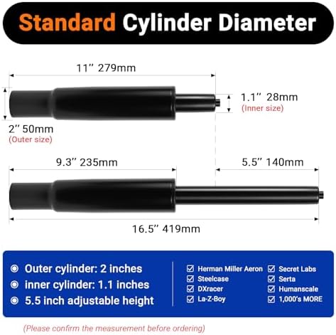 5.5" Short Office Chair Cylinder Replacement | Heavy Duty 1000lbs Class 4 Hydraulic Lift with Silent 360° Rotation, Universal Fit for Sinking Desk/Gaming Chairs - Image 2