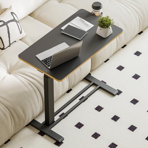 Medical Overbed Adjustable Bedside Table with Hidden Casters, Pneumatic Mobile Rolling Laptop Standing Desk with Tray for Home and Hospital Use, Black - Image 2