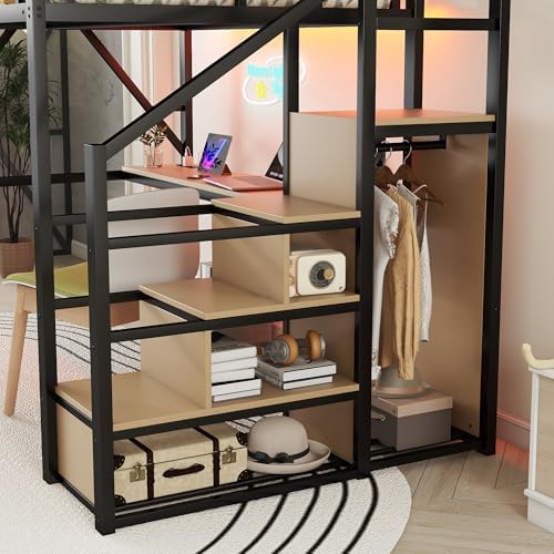 KEIKI Full Size Metal Loft Bed Frame with Desk, Staircase, Built-in Storage Shelves and Wardrobe, Modern Loft Bed with Solid Slats, Guardrail, No Box Spring Required, Easy Assembly, for Bedroom, Black - Image 6