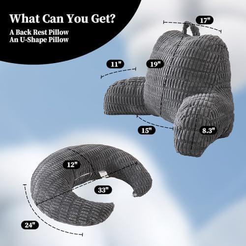 19" Reading Pillow for Bed,U Shaped Arm & Elbow Support,Gray Corduroy | Backrest Supports Back,U Shaped Lap Pillow Cushions Arms,Elbows & Wrists,Ribbed Corduroy for Reading,Gaming,Watching TV - Image 3