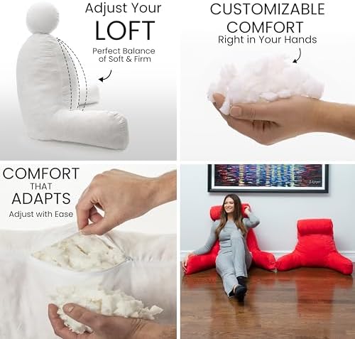Husband Pillow Medium Reading Pillow with Arms - 23" Backrest for Sitting Up in Bed - Firm Support Bed Rest Pillow for Adults, Neck Roll, Removable Cover - TV, Reading, Lounging - Red - Image 2