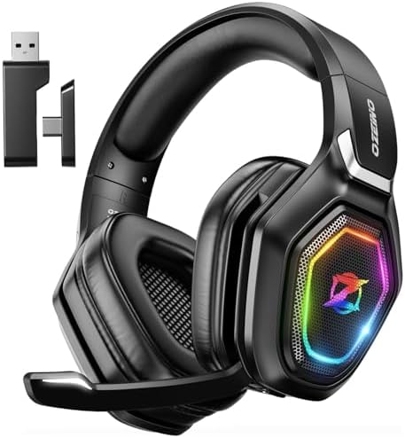 Ozeino Wireless Gaming Headset with Flip Microphone, RGB Lighting Gaming Headphones for PS5, PS4, PC - 2.4GHz USB & Type C Transmitter by Ozeino