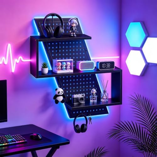 S-Shaped Gaming Floating Shelf with LED Light Strip, 3 Tier Wall Floating Shelf with Pegboard & 4 Removable Hooks, for Bedroom, Game Room, Living Room, Study, Black - Image 2