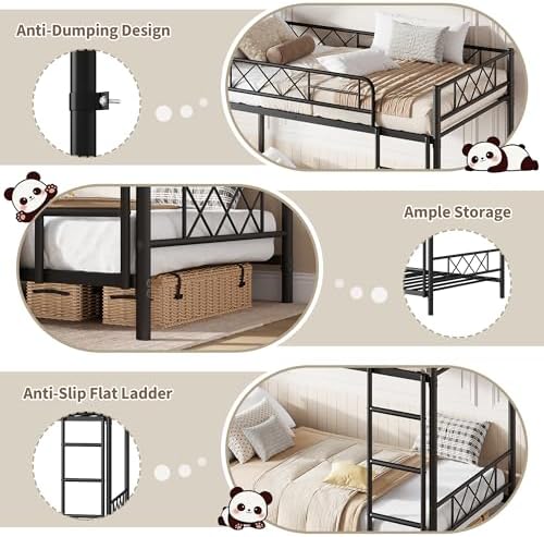 Garvee Bunk Bed Twin Over Twin for Adults & Teens, Heavy Duty 2-Tier Bed with Stairs, Full-Length Guardrail & Metal Slats, No Box Spring Required, Space Saving, Matte Black - Image 6