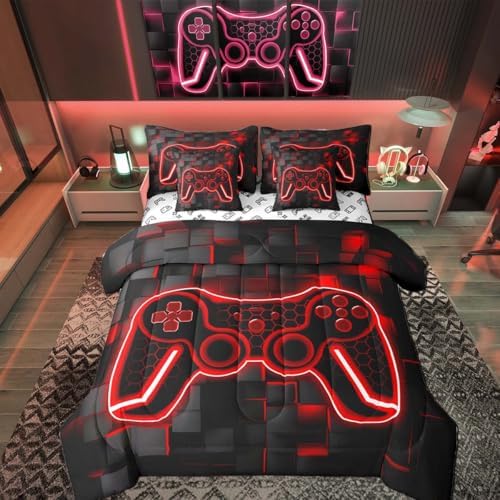 Feelyou Kids Gamer Queen Comforter Set Sheets 7 Piece Red Black Bedding Set by Feelyou