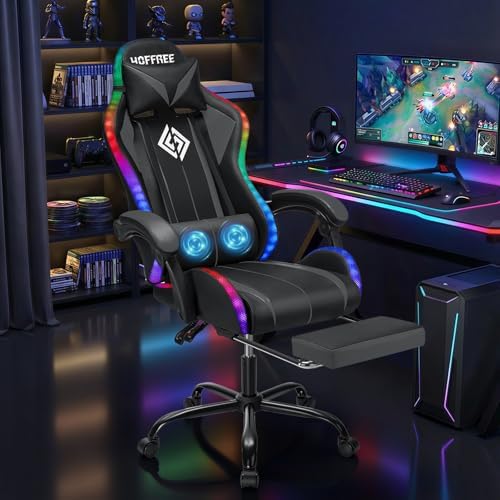 HOFFREE LED Gaming Chair with Massage RGB Lights Computer Game Chair-Grey | Ergonomic Reclining Gamer Chair with Footrest High Back Video Game Chair with Adjustable Lumbar Support Linkage Armrest - Image 2