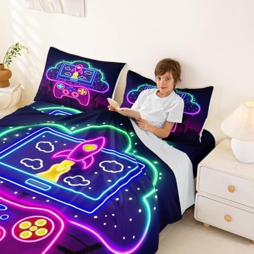 Erosebridal Gaming Sheet Set Twin Purple Gamepad Fitted Sheet for Kids Boys Girls Modern Gamer Bed Sheet Set Vintage Video Games Top Sheet for Bedroom Decor with Deep Pocket Gaming Flat Sheet - Image 3