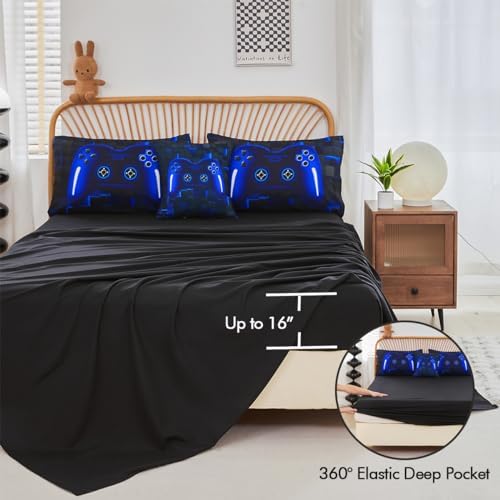 PERFEMET 6 Pieces Kids Game Comforter Set Full Size Blue Gamer Bedding Set for Boys Teen 3D Cool Black Video Gaming Bed in A Bag with Sheets(Blue, Full) - Image 5