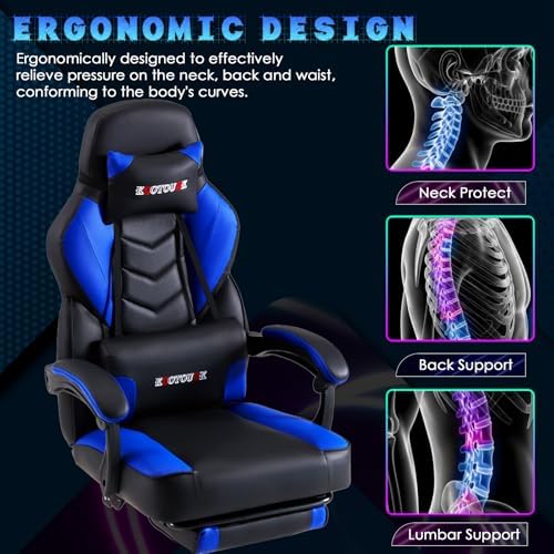 ECOTOUGE Blue Big and Tall Ergonomic Massage Gaming Chair with Footrest | Lumbar Support, Reclining High Back, 360° Swivel, Computer Chair, Sturdy, Comfortable, Height Adjustable, for Gaming & Office - Image 7