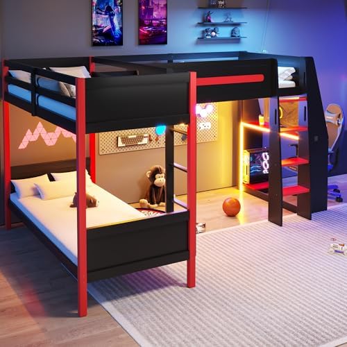 Merax L-Shaped Twin Size Triple Bunk Bed for 3 People, Wood Gaming Loft Bed with Built-in Desk, Shelves, Lights and Full-Length Guardrails, Black+Red - Image 3