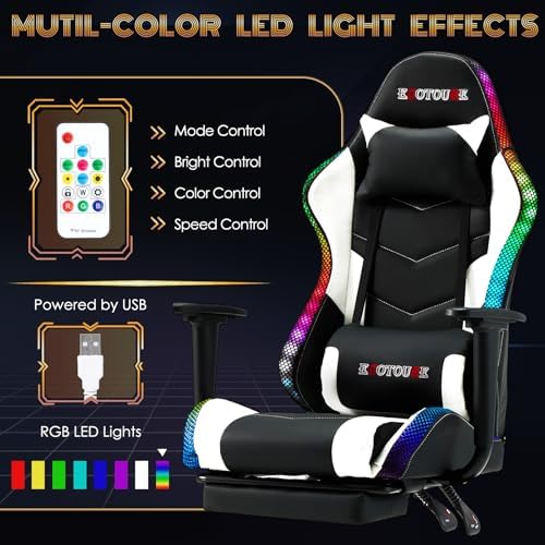 ECOTOUGE Racing Style RGB LED Lights Gaming Chair with Footrest | Video Game Chair for Adults and Kids, Lumbar Massage, High Back Reclining Computer Chair with Headrest, Black&White - Image 4