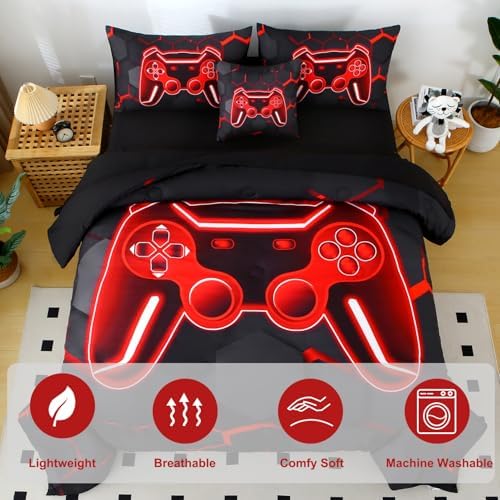 Black Red Full Size Boys Comforter Set 6-Piece Gaming Bed in A Bag 3D Video Games Bedding Set for Kids, Soft Lightweight Gamer Teen Boy Bed Comforter Sheet Set (Black Red, Full) - Image 4