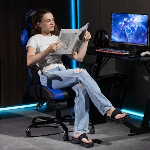Gaming Chair with Footrest, Ergonomic PC Desk Chair with Headrest and Massage Lumbar Support, Video Game Chair with Height Adjustable High Back for Home Office, PU Leather, Blue - Image 2