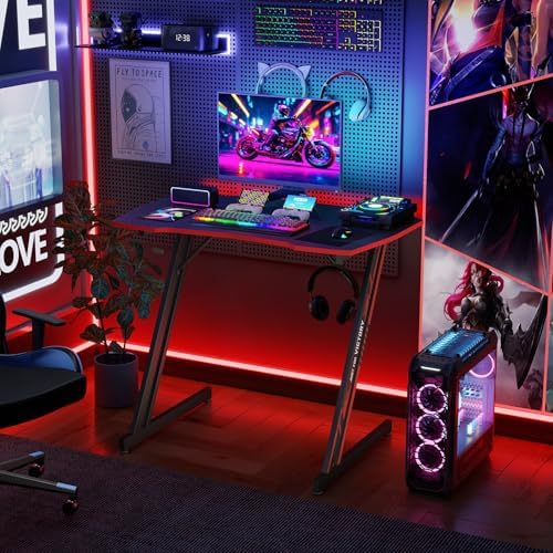 BestOffice Gaming Desk 35 in PC Computer Desk Z Shaped Gaming Workstation Ergonomic Gaming Table with Headphone Hook for Home Office,Black&Red - Image 2
