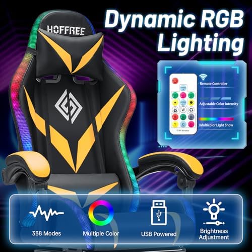 LED Gaming Chair with Speakers RGB Lights Massage Computer Chairs-Yellow | Bluetooth Game Chairs for Adults;Ergonomic High Back Video Game Chair; Reclining Gamer Chair with Footrest Lumbar Support - Image 5