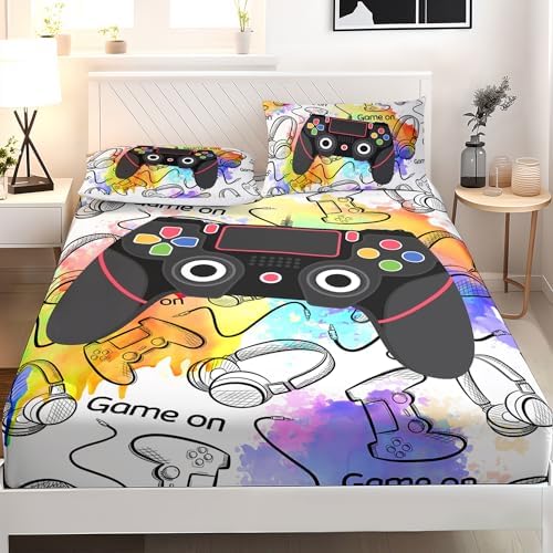AILONEN Gamer Twin XL Fitted Sheet Set for Boys, Gaming Video Game Gamepad Bed Sheet Set for Kids Adults,Tie Dye Game Fitted Sheet with 2 Pillowcases,3 Pieces - Image 3
