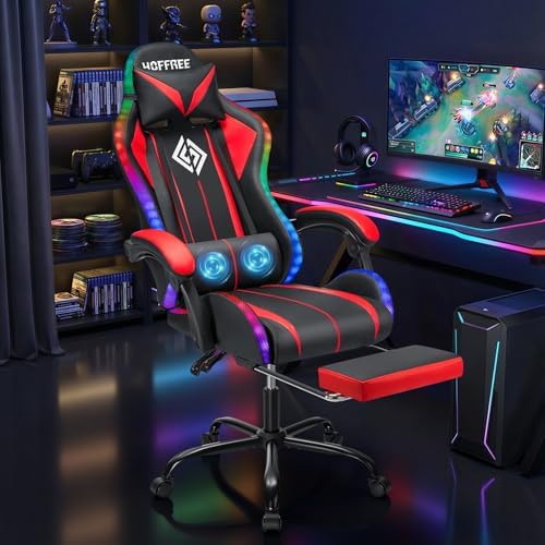 HOFFREE LED Gaming Chair with Massage RGB Lights Computer Game Chair-Red | Ergonomic Reclining Gamer Chair with Footrest High Back Video Game Chair with Adjustable Lumbar Support Linkage Armrest - Image 2