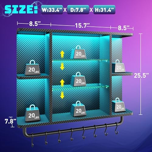 REIBII 34" Gaming Floating Shelves, LED Wall Mounted Shelf with Adjustable Glass Shelf, 7 Tiers Display Rack with 8 S-Hook, Gaming Room Decor Wine Coffee Bar, Black Carbon Fiber - Image 2