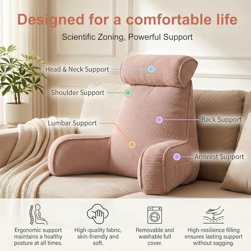 Reading Pillow for Sitting Up in Bed, Bed Rest Backrest Pillow with Arms, Corduroy Back Support Cushion with Side Pockets & Washable Cover, Comfort Support Pillow for Women & Moms, Pink - Image 3