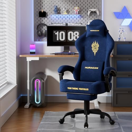 Ferghana Velvet Fabric Gaming Chair - 20.5″ Wider Seat Cushion, Fire Embroidery, Ergonomic High Back Game Chair with Footrest | Computer Chair with Massage Lumbar Support for Adult, Navy - Image 2