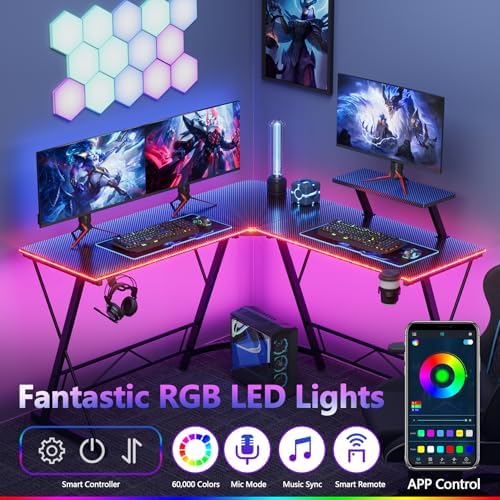 Mr IRONSTONE Gaming Desk with LED Lights, L Shaped Desk Corner with Cup Holder & Headphone Hook, Computer Desk Home Office Desks with Large Monitor Stand, Carbon Fiber Surface, Black 51 Inch - Image 4
