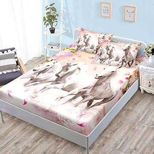 HOSIMA Floral Horse Queen Fitted Sheet,1 Fitted Sheet+2 Pillowcases. by HOSIMA