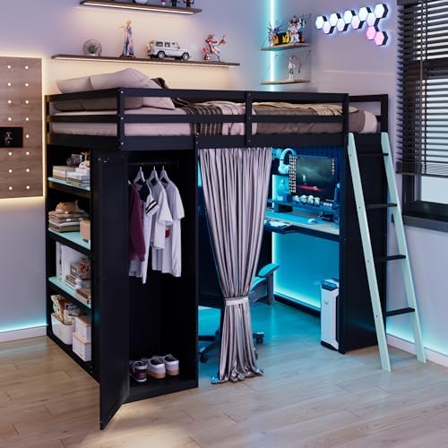 Merax Full Size Loft Bed with Desk and 6 Storage Shelves, Wardrobe, Blackout Curtain, Sturdy Wood Gaming Loft Bunk Bed Frame with USB Port & RGB Lights, No Box Spring Needed, Space-Saving, Black+Blue by Merax