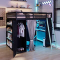 Merax Full Size Loft Bed with Desk and 6 Storage Shelves, Wardrobe, Blackout Curtain, Sturdy Wood Gaming Loft Bunk Bed Frame with USB Port & RGB Lights, No Box Spring Needed, Space-Saving, Black+Blue by Merax