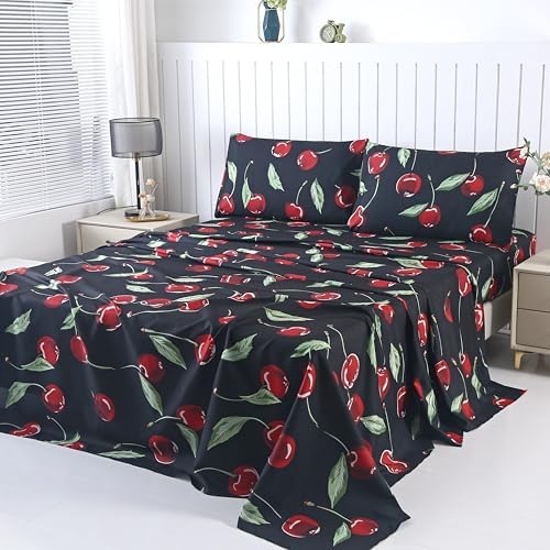 SDIII 4PCS Red Cherry Bed Sheets Set Full, Soft Microfiber Cherry Full Size Bed Sheets, Cute Fruit Patterns Sheet for Girls Boys Kids and Teens by SDIII