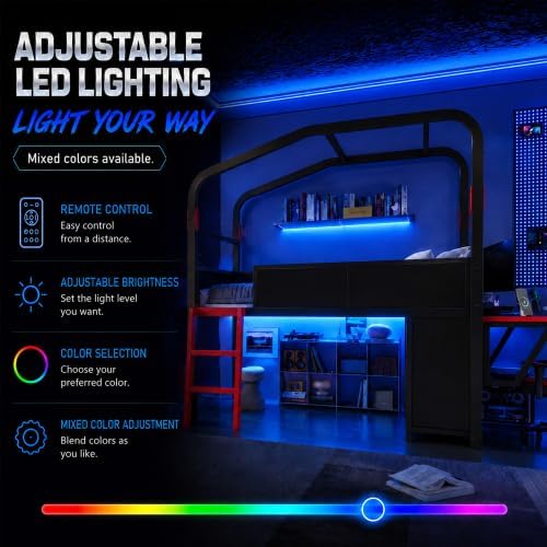 Bellemave Twin Size Gaming Loft Bed with Side Desk, Storage Cabinets & USB Ports, Metal Low Loft Bed Frame with Canopy Design & LED Lights for Kids Teens (Black/Twin) - Image 5