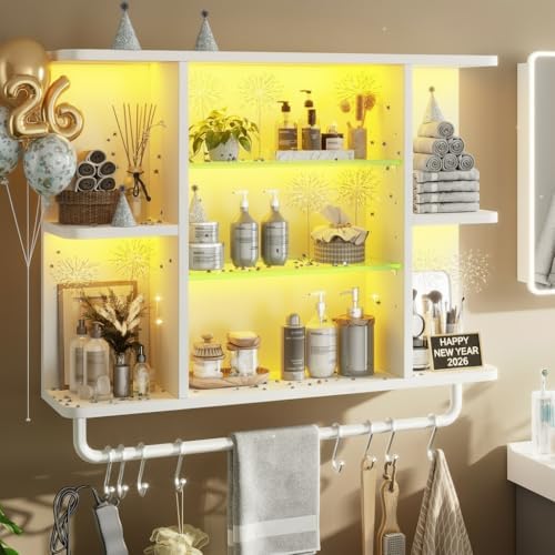 REIBII Floating Shelves with LED Lights, 7-Tier Wood Shelf, Wall Mounted Display Shelves with 8 S-Hooks, Wall Shelf for Kitchen, Bedroom, Bathroom, Office, Plants, White by REIBII