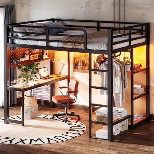 Bellemave Metal Full Size Loft Bed with Desk and LED Lights,Heavy Duty Loft Bed Frame with Storage Shelves and Charging Station for Kids,Teens,Adults, Space Saving,Black - Image 6
