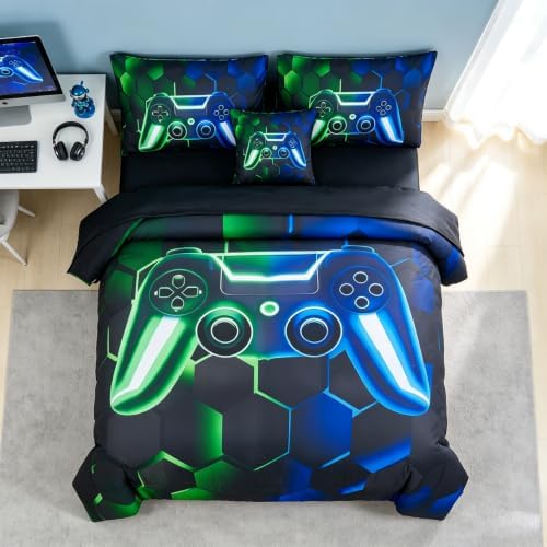 URBONUR 6Pcs Gaming Comforter Set Twin Size for Boys Girls Blue Green - Image 3