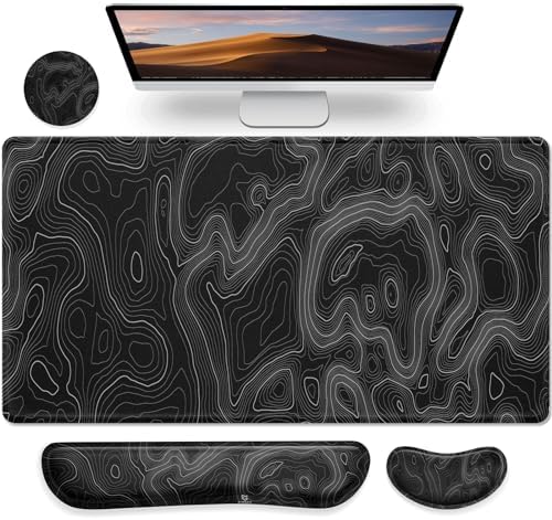 Gimars 4 in 1 Mouse Pad and Keyboard Wrist Rest Set, Large Mouse Pad with Memory Foam Wrist Support Pad for Desk with Coaster, Easy Typing Pain Relief, Gaming Office Home 31.5x12 in, Topographic Map by Gimars