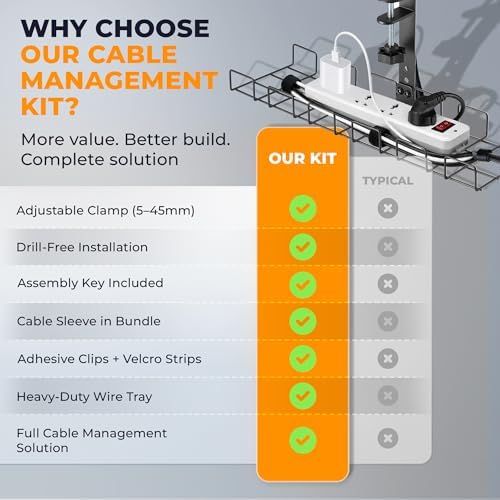 JANEX Under Desk Cable Management Tray Kit, No Drill Clamp-On Cable Organizer for Desk, Wire Cord Management Tray with Cable Sleeve, Cable Clips, Ties & Velcro Strips, Black - Image 7